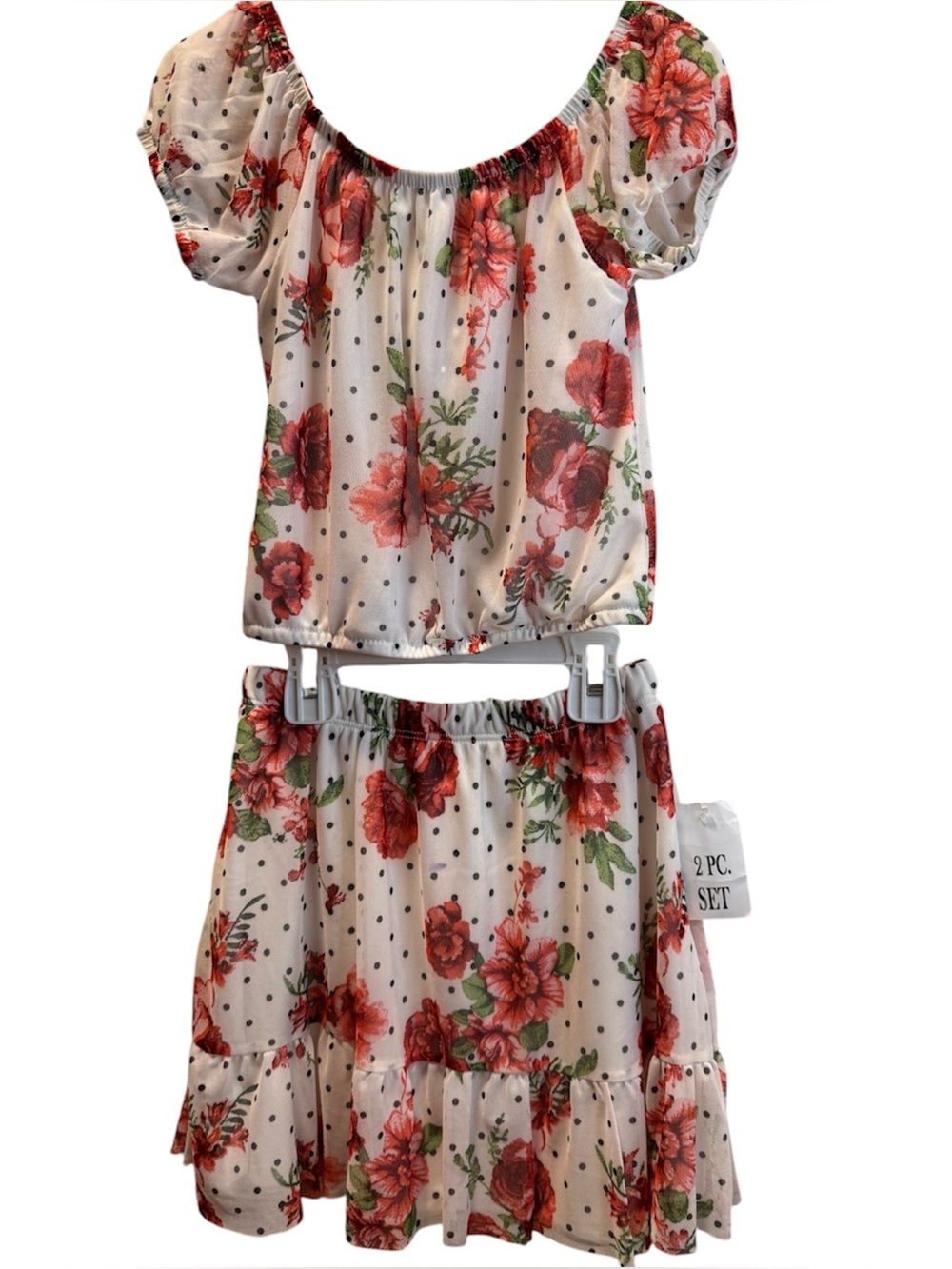Floral Two-Piece Top & Skirt Set - Cream with Red Floral Print